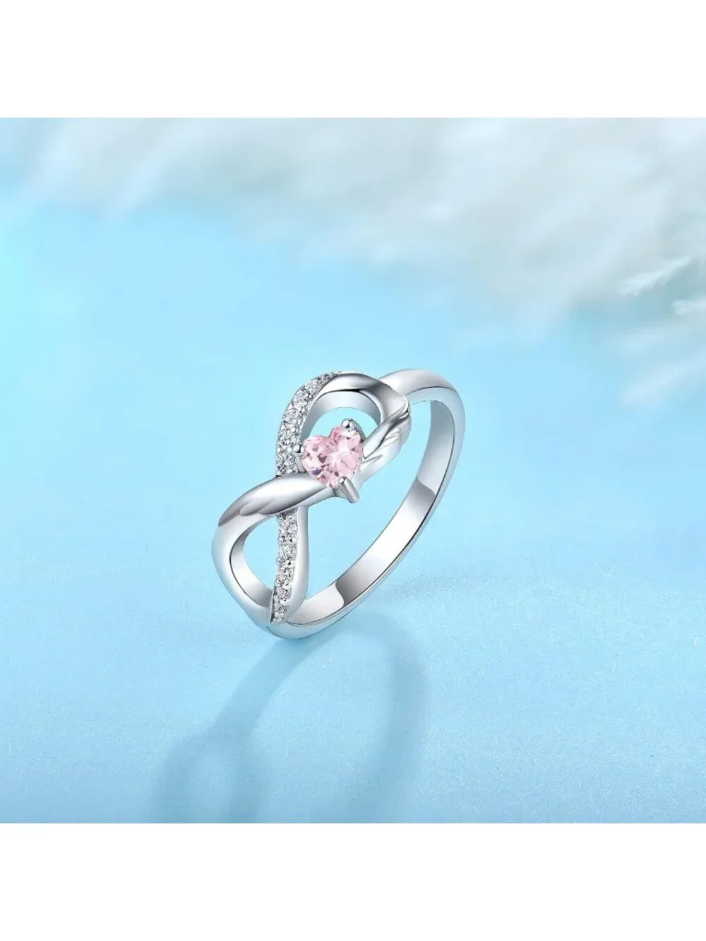 Women Pink Tourmaline 925 Sterling Silver Infinity Promise Angel Wing Heart Ring